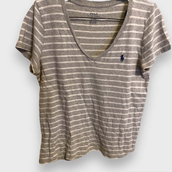POLO RALPH LAUREN Ladies Gray White Striped Short Sleeve V-Neck Tee Small - Picture 1 of 6